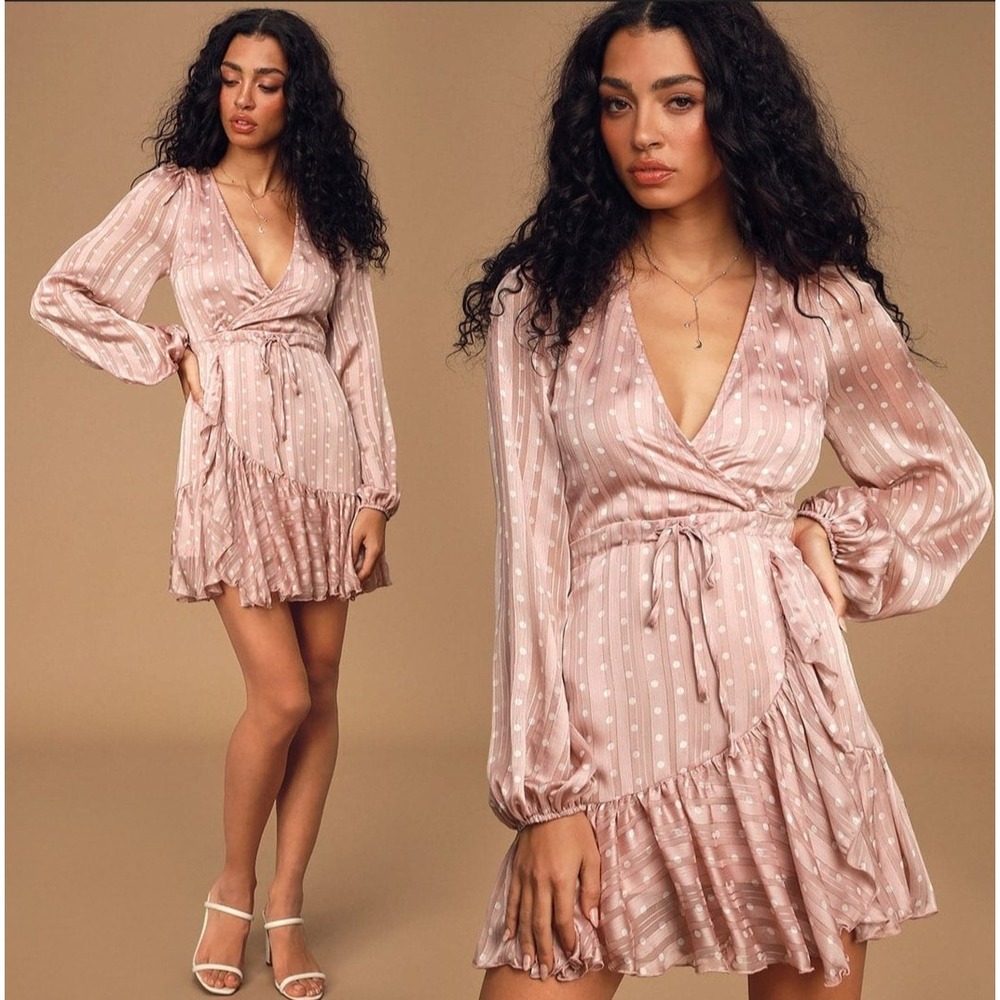 Lulus Spotlight Moment Mauve Polka Dot Long Sleeve Ruffled Mini Dress Medium